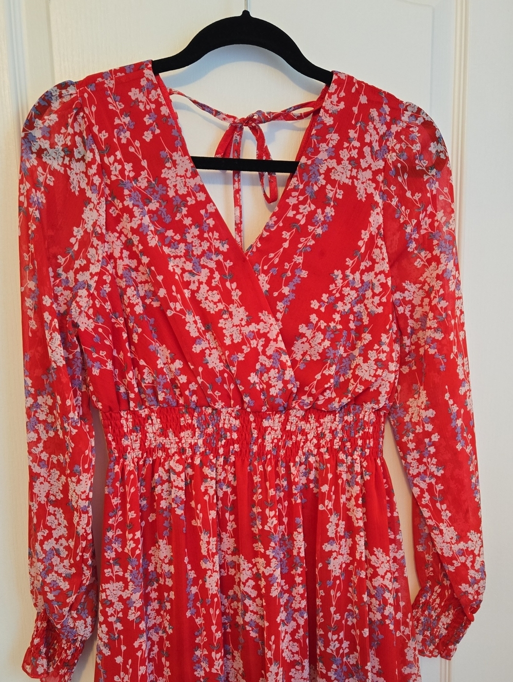 Red Floral Long-Sleeve Flowing Dress